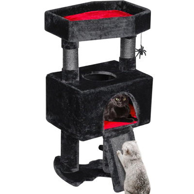 Arbre à chat avec lit en cercueil, poteaux à griffes, tablettes et jouet araignée (noir avec rouge)
