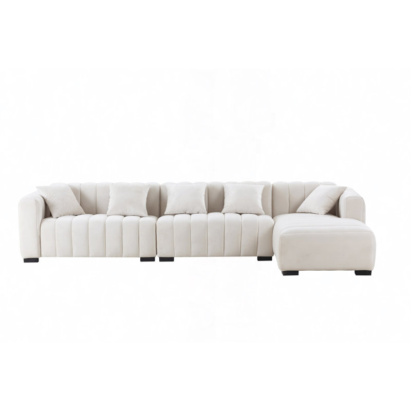 L-Shape Sectional Sofa With Deep Tufted Velvet Upholstered Right Chaise Modular Sofa  Beige
