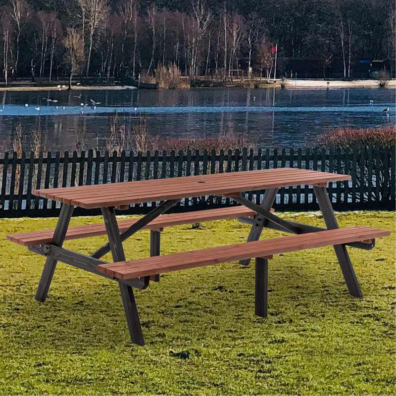 Ensemble de table de pique-nique en bois massif 75 po 75 po Capacité de 2200 lb Brun rustique pour l'extérieur avec trou de parasol pour terrasse, pelouse et barbecue (190 cm)
