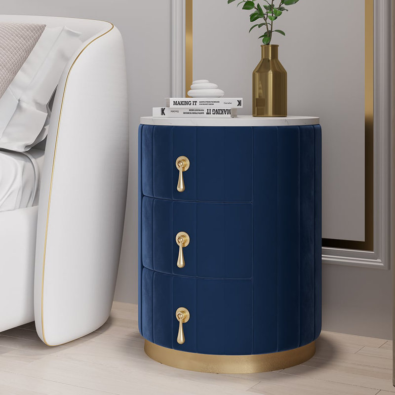 Table de chevet ronde bleue en velours 3 tiroirs avec plateau en pierre frittée, Bleu