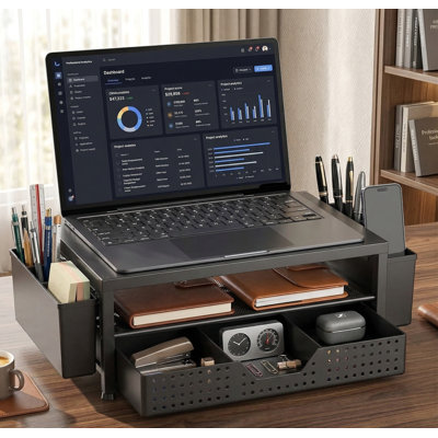Support pour écran d'ordinateur à 2 niveaux avec tiroir et porte-stylos, organisateur de bureau d'ordinateur portable pour bureau à domicile (noir)