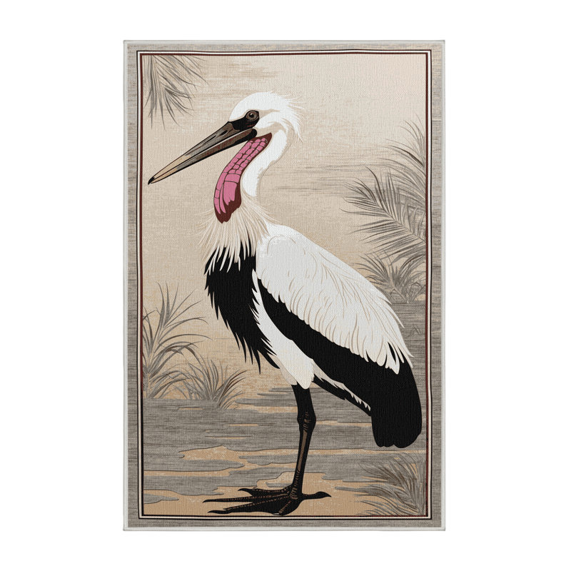 Washable Marabou Stork Wildlife Area Rug, Rectangle 7' x 9'