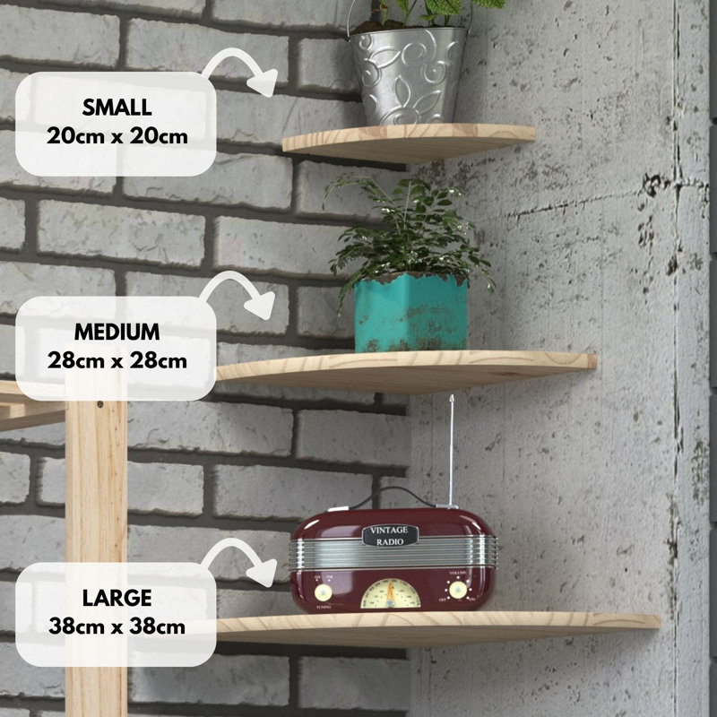 Corner Wall Shelf, Natural Wood Finish, Large