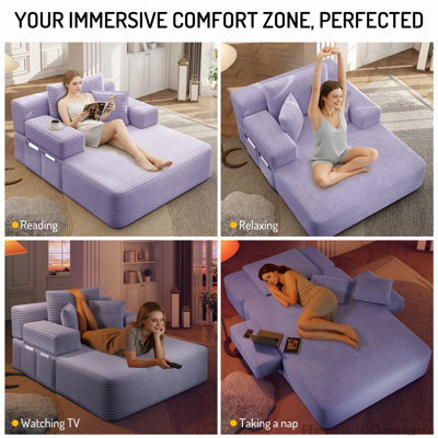 Luxueuse chaise longue en velours côtelé moelleux avec 3 coussins, canapé-lit convertible avec poche de rangement, conception sans cadre et mousse de compression pour les petits espaces, salon, appartement