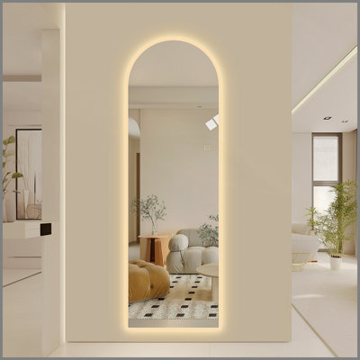 Miroir mural pleine longueur 65 po x 21 po à DEL, arche symétrique avec bordure en verre givré, éclairage à température de couleur à intensité variable 3, verre argenté sans cuivre, câblé ou à brancher