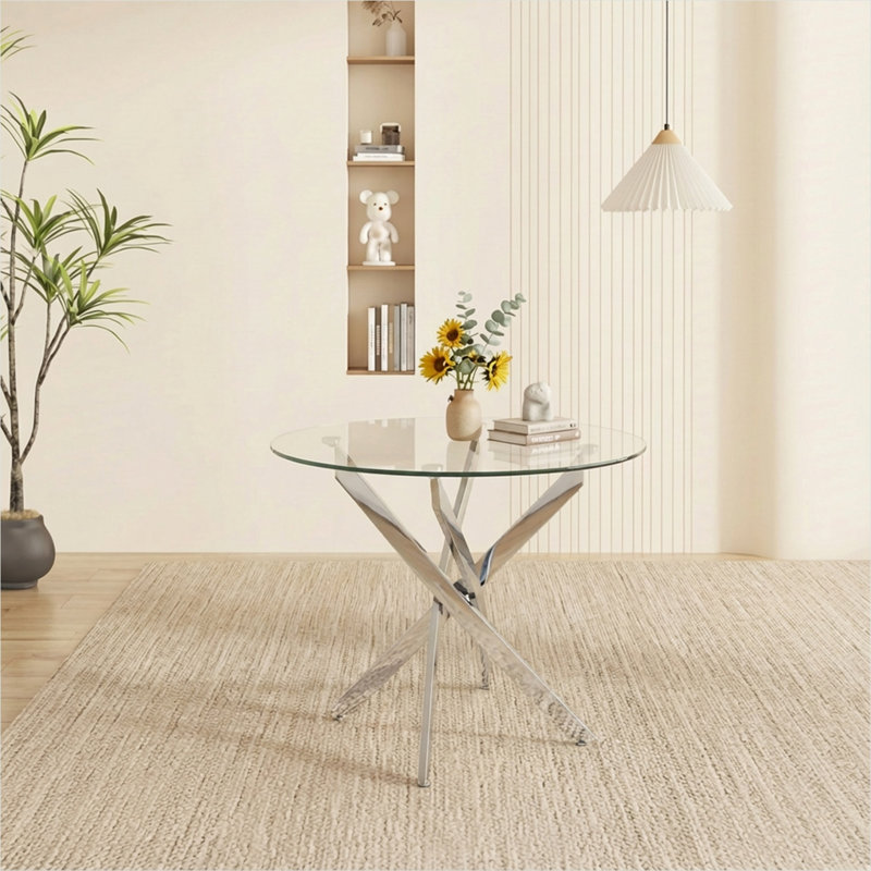 Round Dining Table, 35.5" Glass Dining Table with Silver Legs, Modern Kitchen Table for Home Kitchen, Dining Room