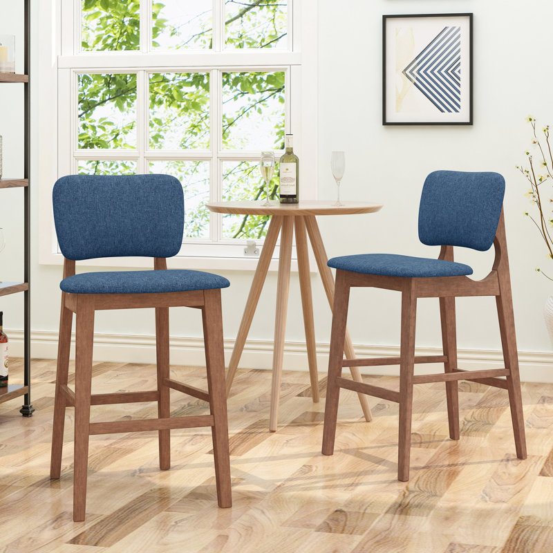 Paire de chaises de bar de style Mid-Century moderne - bleu foncé, structure en bois, pieds fuselés fins, tabourets bleus, élégant (de 2