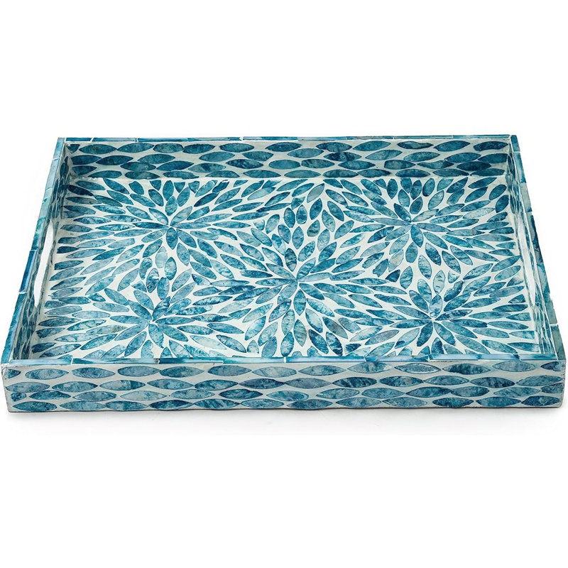 Plateau de service en mosaïque, plateau en marbre rectangulaire en bois avec poignées pour le thé, petit déjeuner au lit et table, style fleur