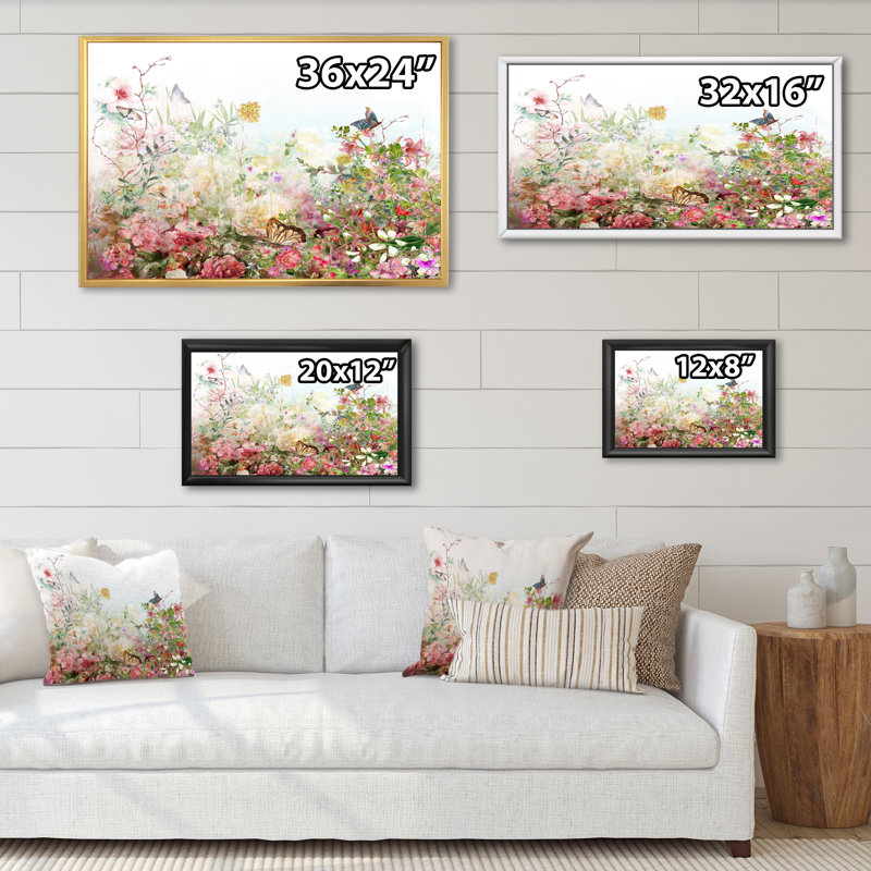 Art floral sur toile, impression de fleurs rose et vert jardin, H 24 po x l 36 po x P 1 po, Cadre flottant doré