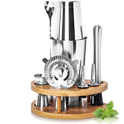 9 Piece 304 Stainless Steel Cocktail Bar Tool Set with Crescent Bamboo Stand & Recipe Book