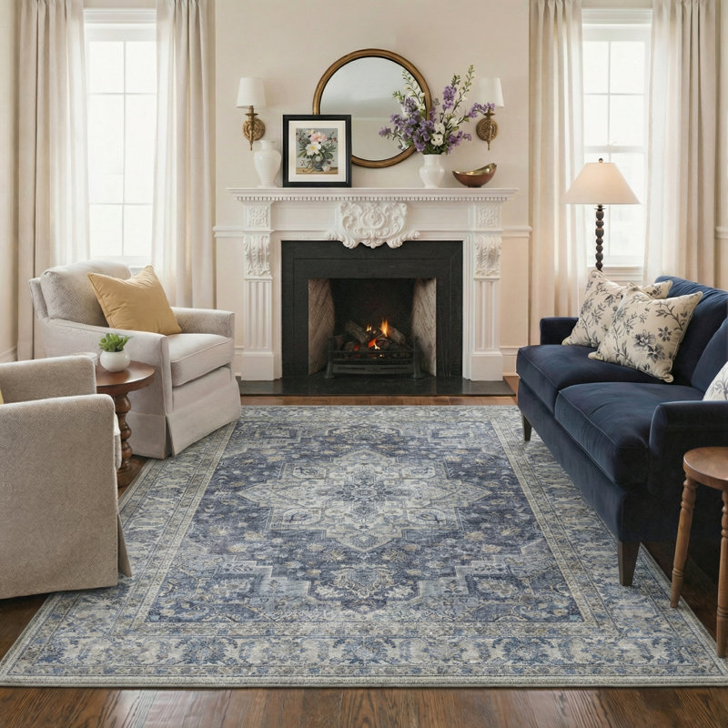 Tapis d'intérieur bleu à motif antidérapant Caelum, Rectangle 6 pi x 9 pi