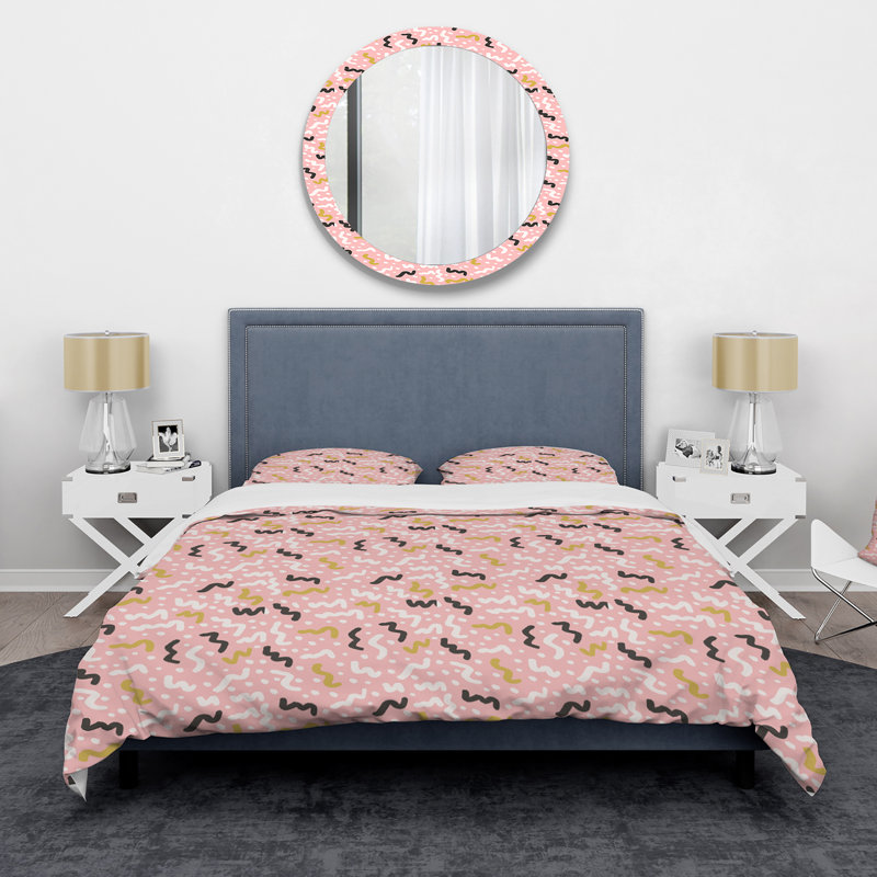 Ensemble de housse de couette moderne en microfibre de polyester rétro rose et noir blanc et vert II