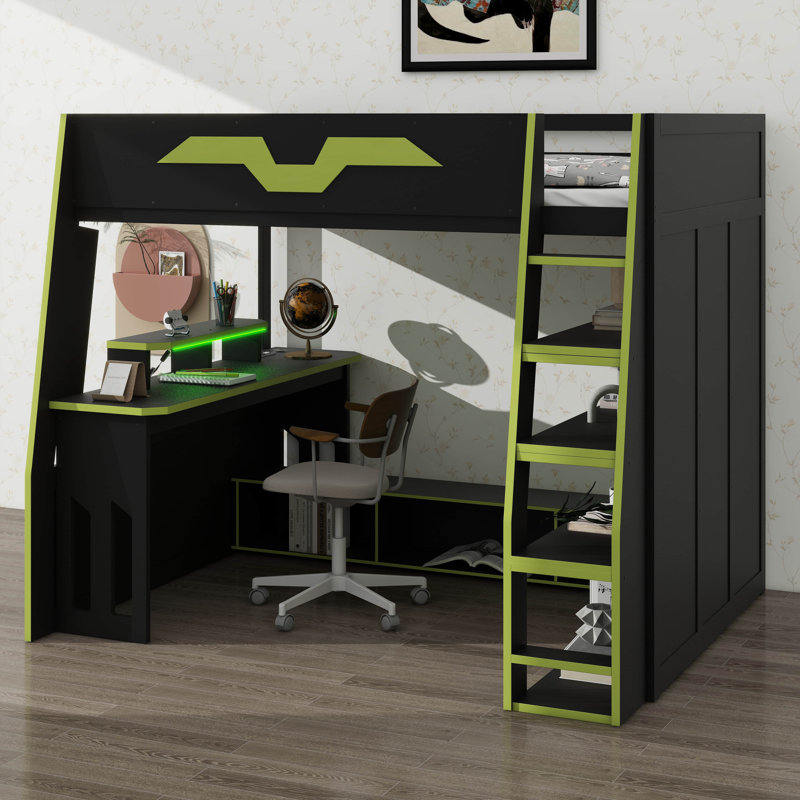 Lit mezzanine en bois pleine grandeur, livré avec un bureau, plusieurs tablettes de rangement, une lumière RVB réglable et une table