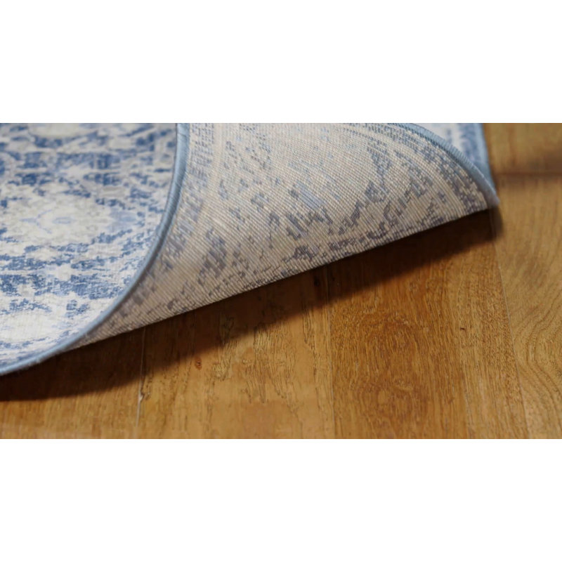 Navy and Creme Rectangular Oriental Synthetic Rug