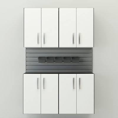 Flow Wall 10 Piece Slatwall Panel, Cabinet, Bin Storage Set - Silver Slatwall / White Cabinets