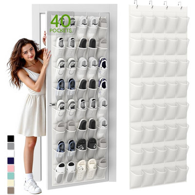 Over The Door Shoe Organizer With 40 Large Breathable Mesh Pockets, Space Saving Shoe Holder, Hanging Shoe Rack For Entryway Bedroom Closet Storage, White