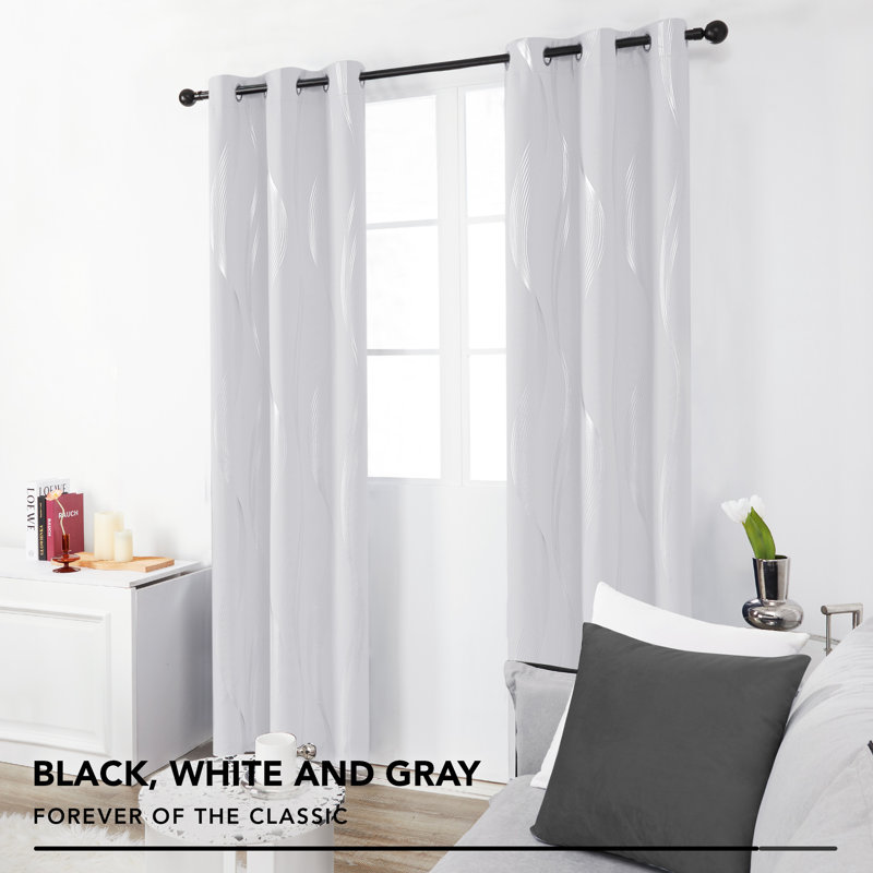 Spurgh Sliver Wave Foil Print Blackout Thermal Grommet Curtain Panels (Set of 2), 42" W x 63" L, Grayish White