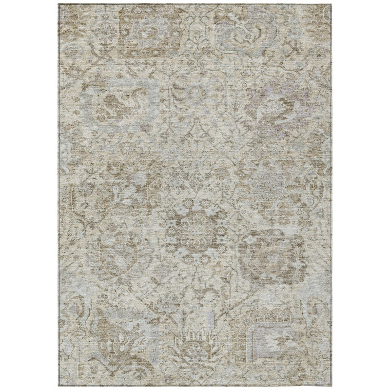 3' X 5' Ivory Brown And Gray Damask Washable Indoor Outdoor Area Rug