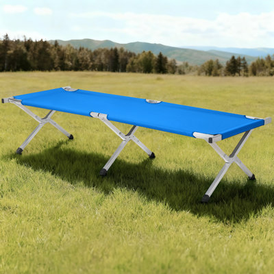 Lit de camp pliant portable bleu armée avec sac de transport, lit de camp robuste pour le camping, les voyages et les situations d'urgence.