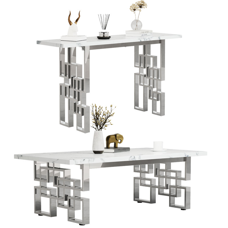 Ensemble de table basse de salon 2 pièces en faux marbre et argent avec console, 2 pièces: table basse, console