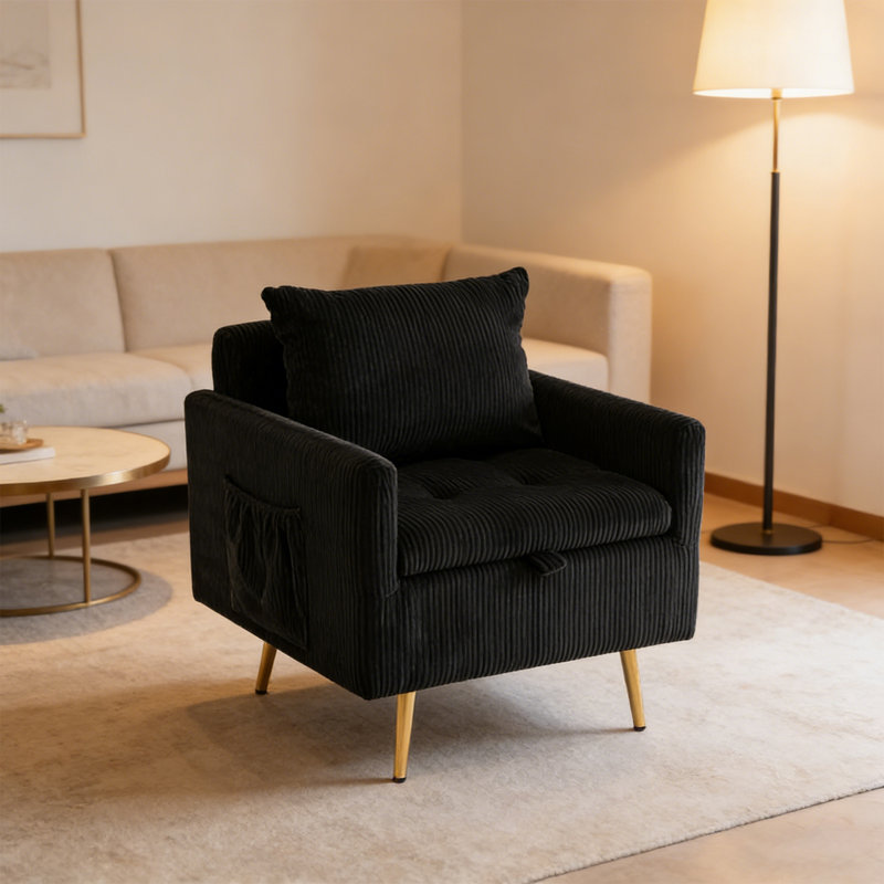 Chaise d'appoint rembourrée avec rangement et poche, Noir