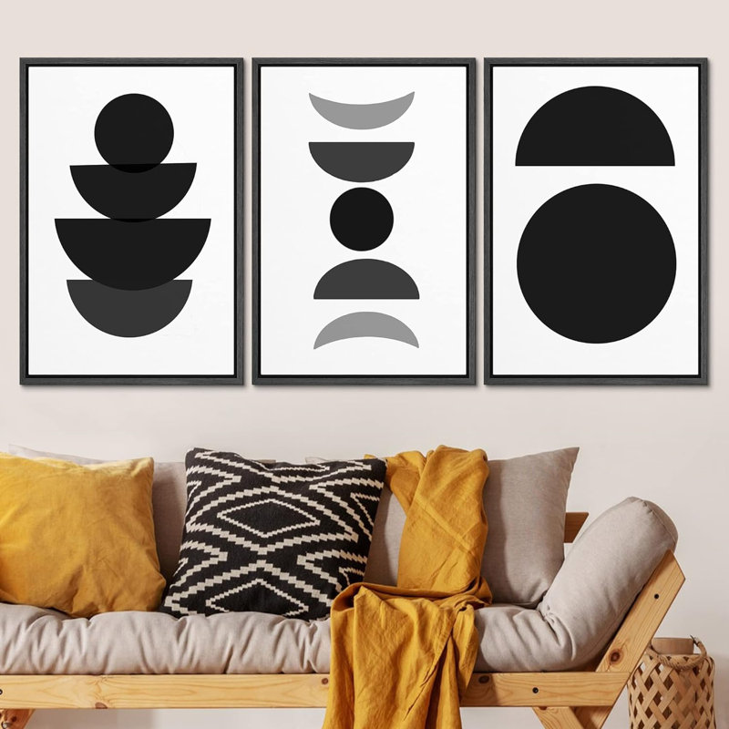 Abstract Geometry " Moon-Shaped Semi-Circles And Circle Abstract Shapes Neutral Modern Art Contemporary Black And White " 3 - Pieces