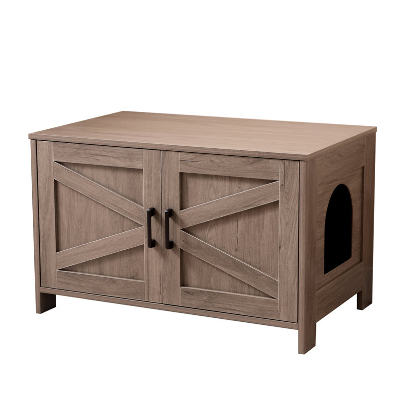 Litière pour chat avec porte de grange, maison et table de bout en bois Greige, convient à la plupart des bacs, utilisation multifonctionnelle, surface imperméable, installation vidéo transparente, porte cachée, couleur adaptée à l'animal
