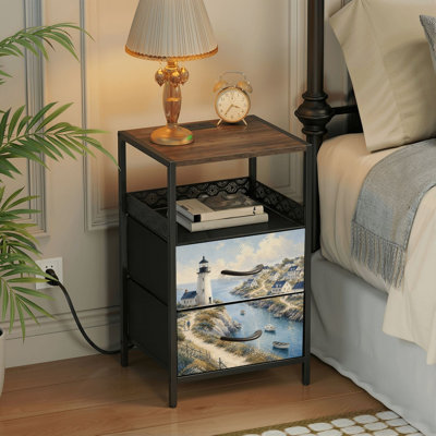 2 Drawers Nightstand with Charging Station, Bedroom Nightstand with USB Ports &amp; Outlets Open Shelf Black, night stand with Coastal Village Print