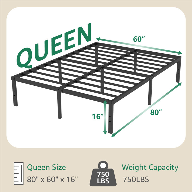 Turberville 16'' Black Metal Platform Bed Frame With Steel Slat Support, No Box Spring Needed, Queen