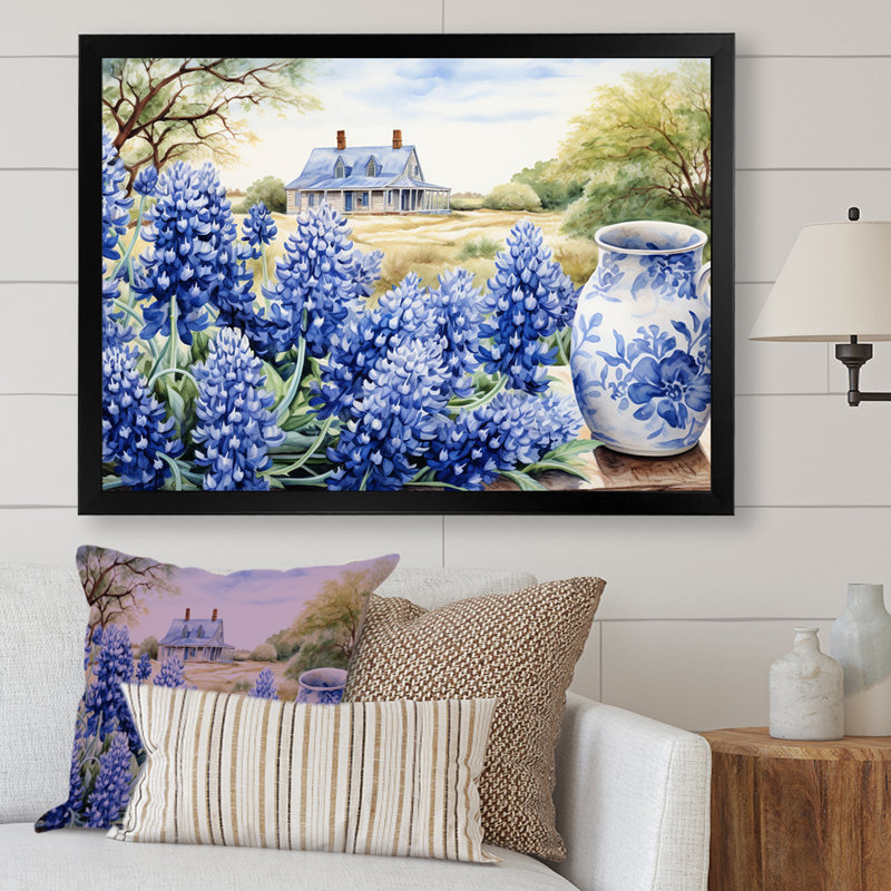 Blue Bonnets Farmhouse Still Life, reproduction d'art sur toile, H 34 po x l 44 po x P 1,5 po, Noir