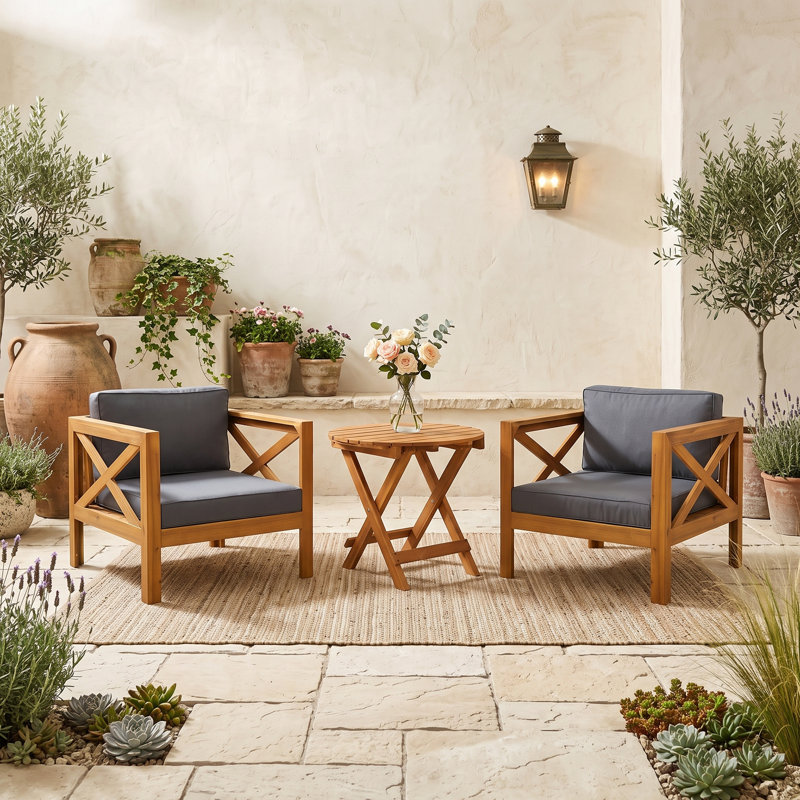 Ensemble de conversation en bois pour patio avec table d'appoint pliante, Teck gris foncé