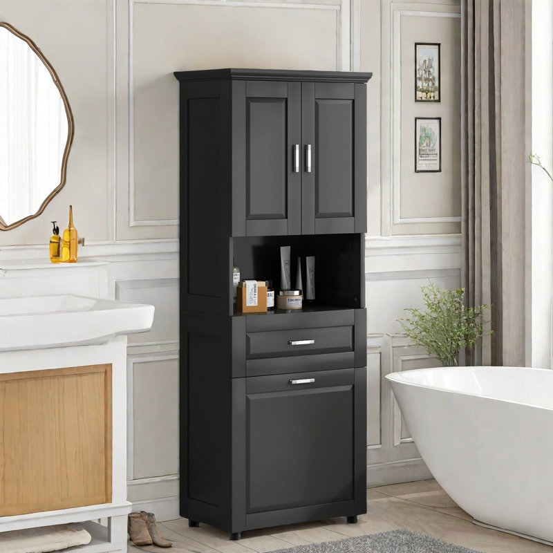 Armoire de salle de bain haute Mubashar avec panier à linge inclinable, armoire de rangement supérieure, tiroir et tablettes ouvertes