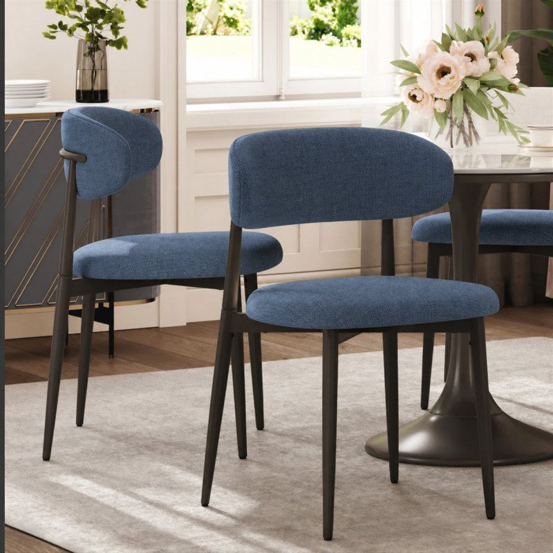 Ensemble de 2 chaises de salle à manger en métal avec revêtement en tissu moderne pour la salle à manger, Navy, Navy, Black