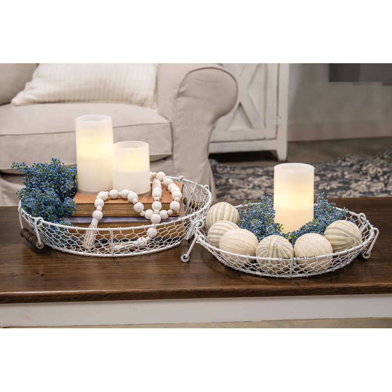 Ensemble de 2 plateaux ronds en grillage blanc vieilli