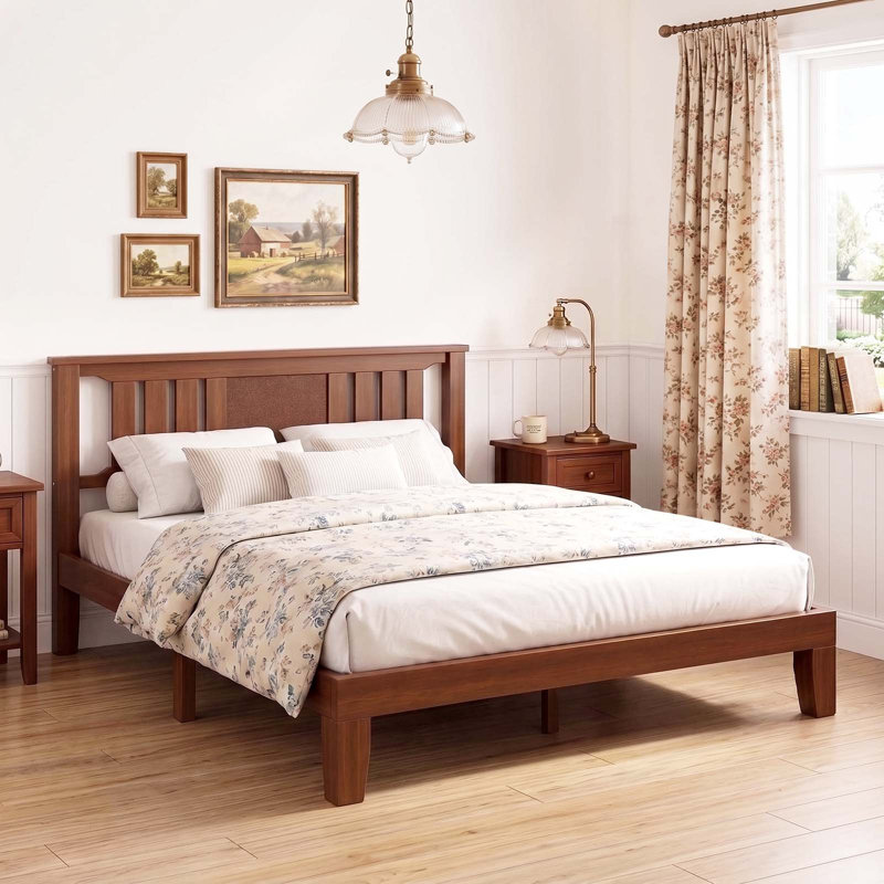 Mid Century Solid Wood Platform Bed with Headboard, Wood Slat Support, No Box Spring Needed, Queen