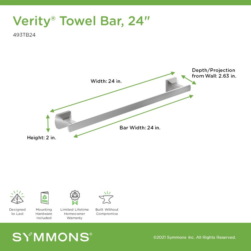 Verity Towel Bar with Mounting Hardware, 2.63" H x 24" L x 2.12" D, Polished Chrome