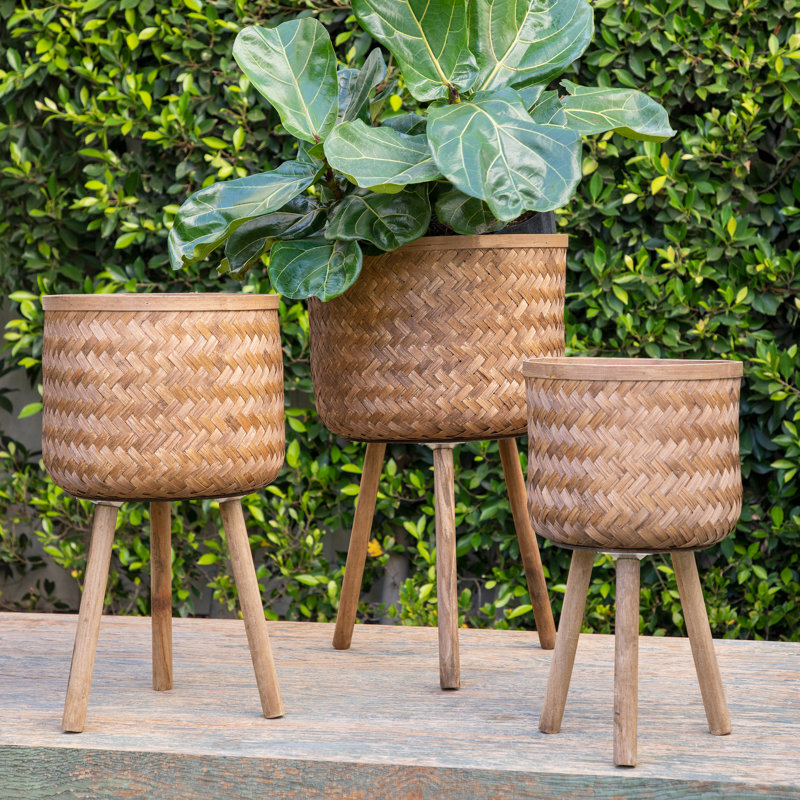 Handwoven Bamboo and Pine Wood Planters with Tripod Base, Decorative Woven Design, Durable Construction, Set of 3, 3 Piece