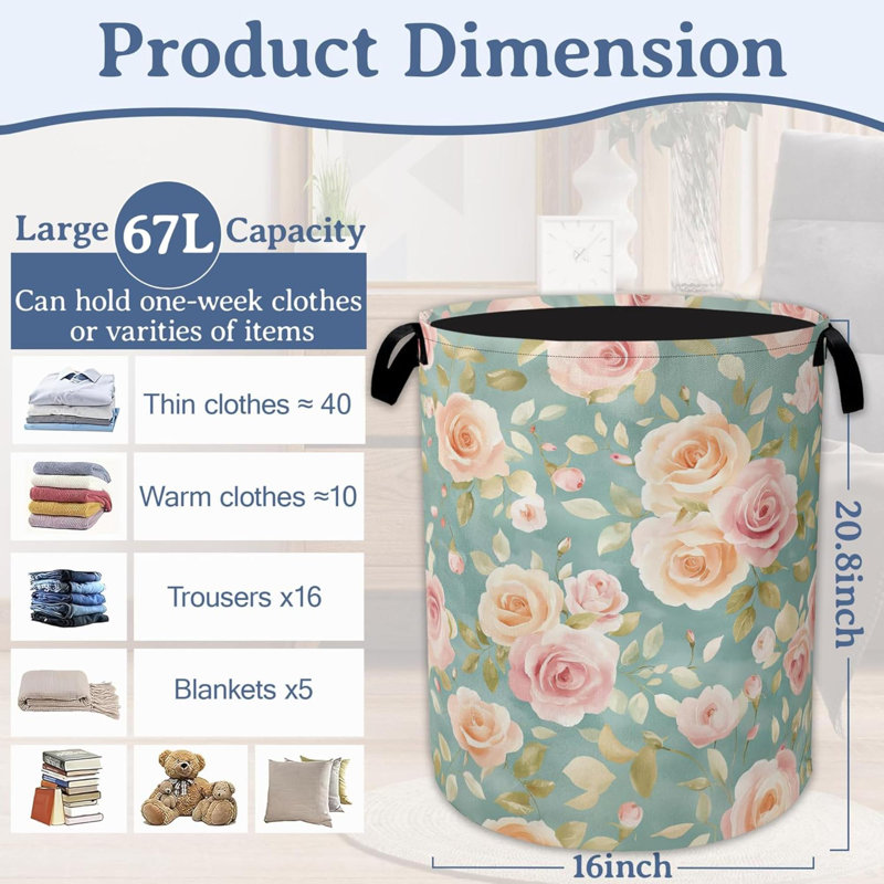 Vintage  Rose Laundry Basket,Foldable Waterproof Oxford Cloth Tote Bag Laundry Hamper With Handles Clothes Storage Bucket Organizer For Laundry Room, Bathroom, Bedroom