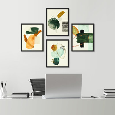 «Bathroom Decor Multicolor Mid-Century Pastel Paint Stroke Collage Abstract Shapes», impression multicolore encadrée sur papier, 4 pièces