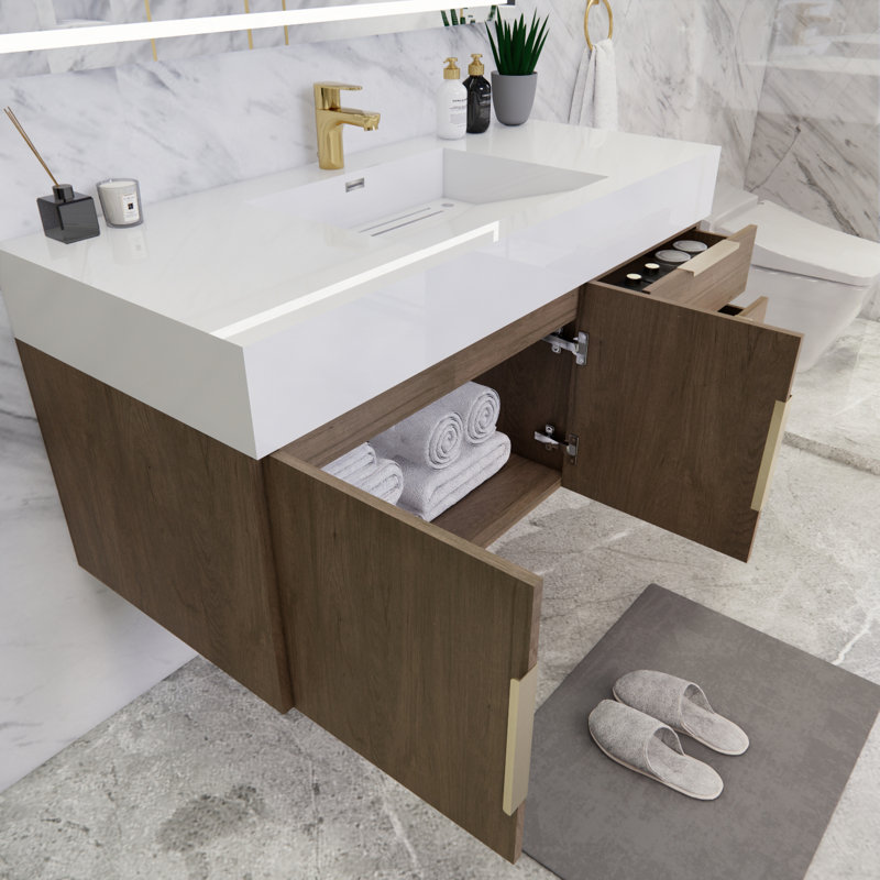 Glasgow 48'' Single Bathroom Vanity with Acrylic Top, Glossy White, Light Oak