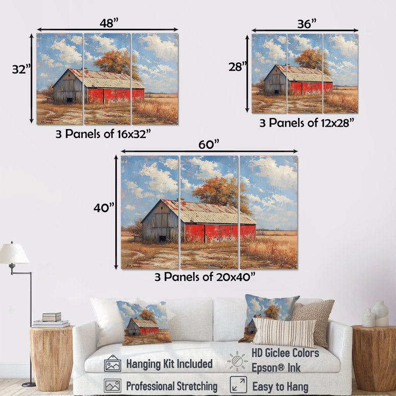 Red Grey Summer Barn Breeze " Red Grey Summer Barn Breeze " 3 - Pieces, H 28 po x l 36 po, Toile tendue