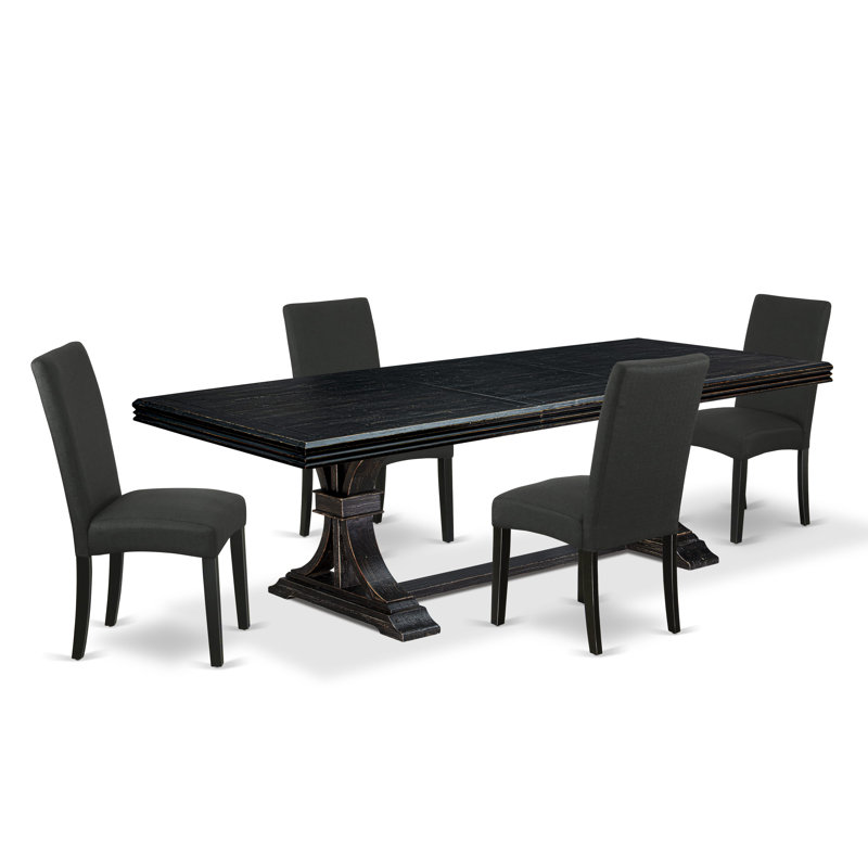 L'ensemble de table de salle à manger 5 pièces se compose d'une table de cuisine et de 4 chaises de salle à manger en tissu de lin noir avec dossier rembourré au fini noir sablé.