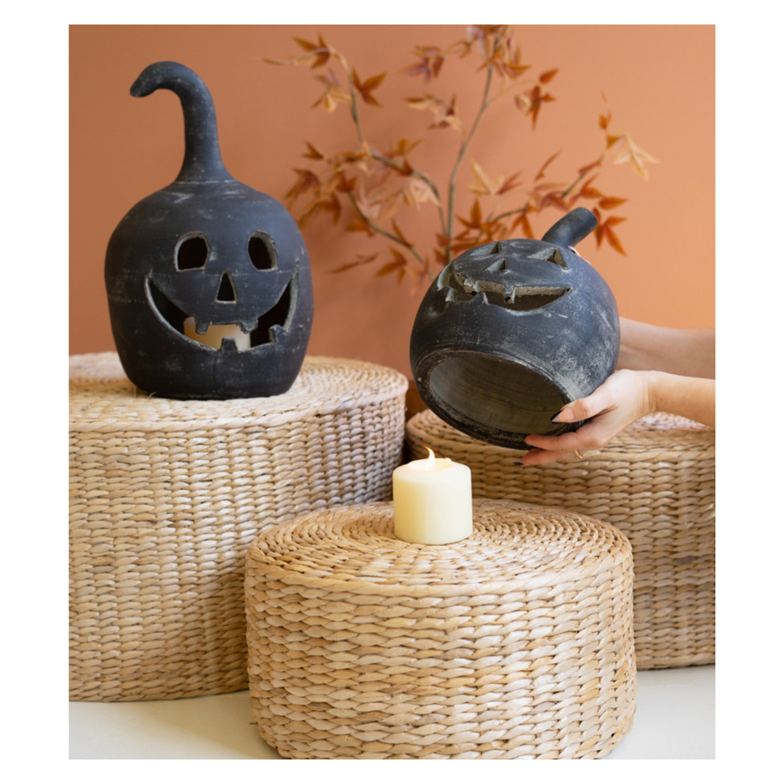 SET OF TWO BLACK CLAY JACK-O-LANTERNS