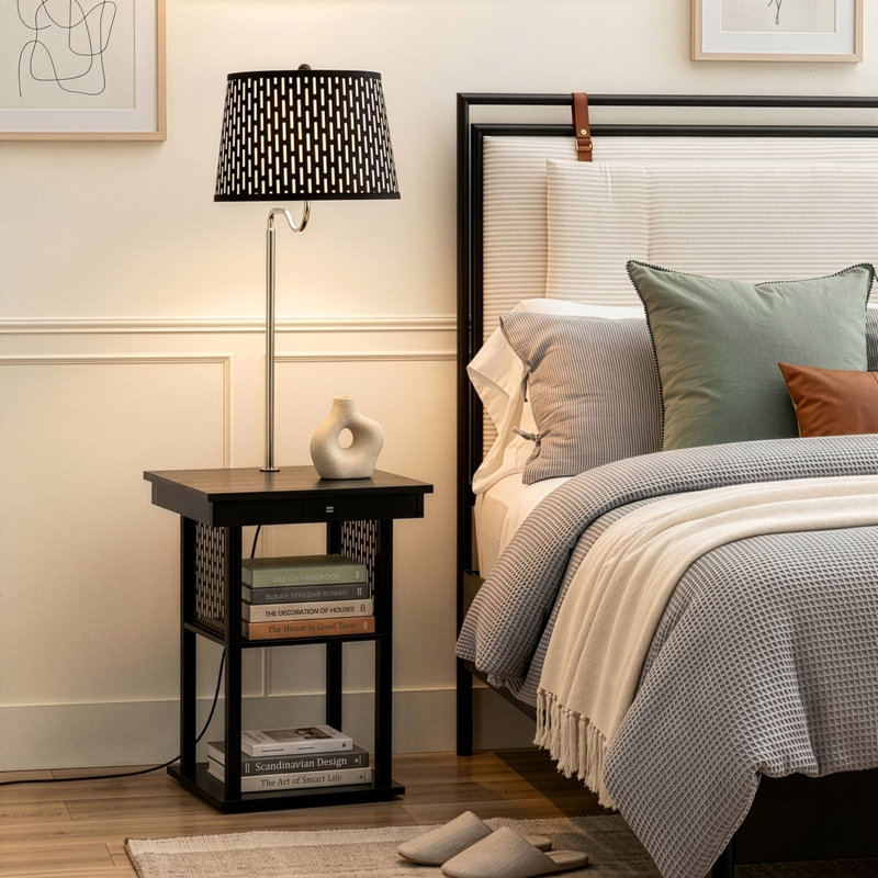 Madison 56 in. Modern LED Bedside Table Lamp with Fabric Drum Shade and Built-In USB Port