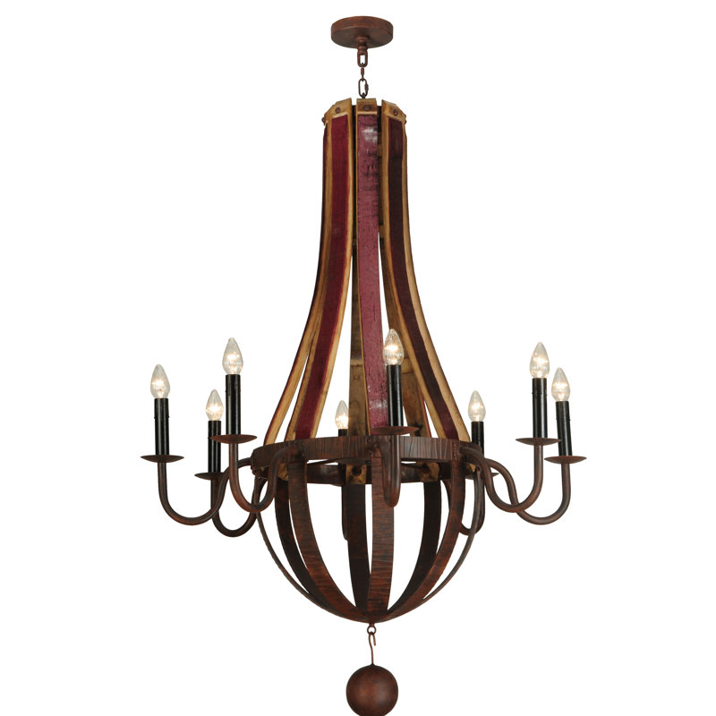 8 - Light Chandelier, Wrought Iron/Natural Wood, 59" H x 44" W x 44" D