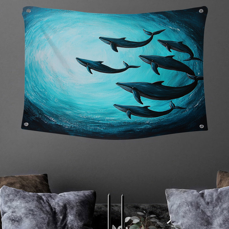 Tapisserie murale «Whale Gathering» - Décoration murale marine, H 68 po x l 80 po