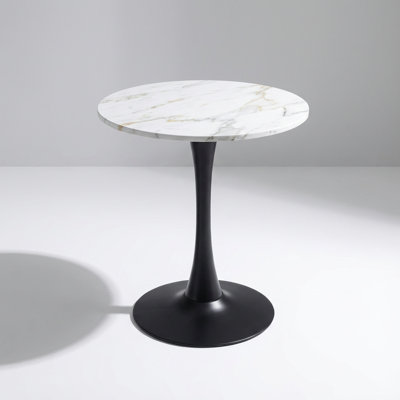Compact Round Dining Table with Metal Pedestal Base and Thickened Faux Wood Tabletop for Small Spaces