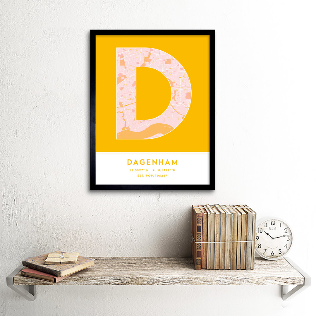 Dagenham City Map Dagenham Yellow by Wee Blue Coo - Single Picture Frame Typography