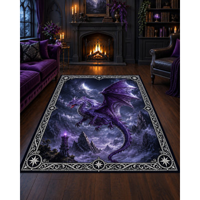 Tapis « Ultra Fin » 152 x 213 cm (5 pi x 7 pi) à motif de dragon volant au-dessus d'un château, idéal pour la chambre, le salon et le bureau à domicile. Moquette douce à poils courts avec envers antidérapant en silicone.