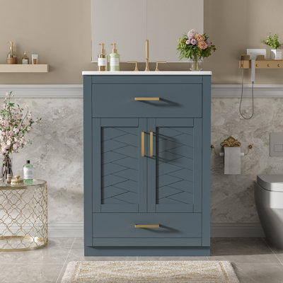 24" Blue Bathroom Vanity Cabinet With Integrated Ceramic Sink | Space-saving Storage, 2 Doors & Tip-out Drawer | Gift Idea